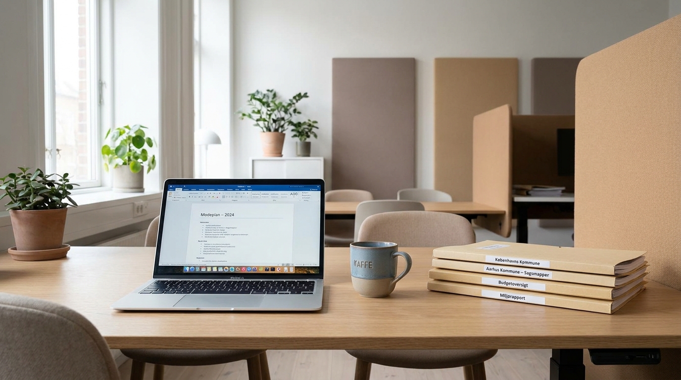 AI-rådgivning for socialrådgivere Lyst kontor med bærbar computer, kaffekop og sagsmapper på et ryddeligt skrivebord