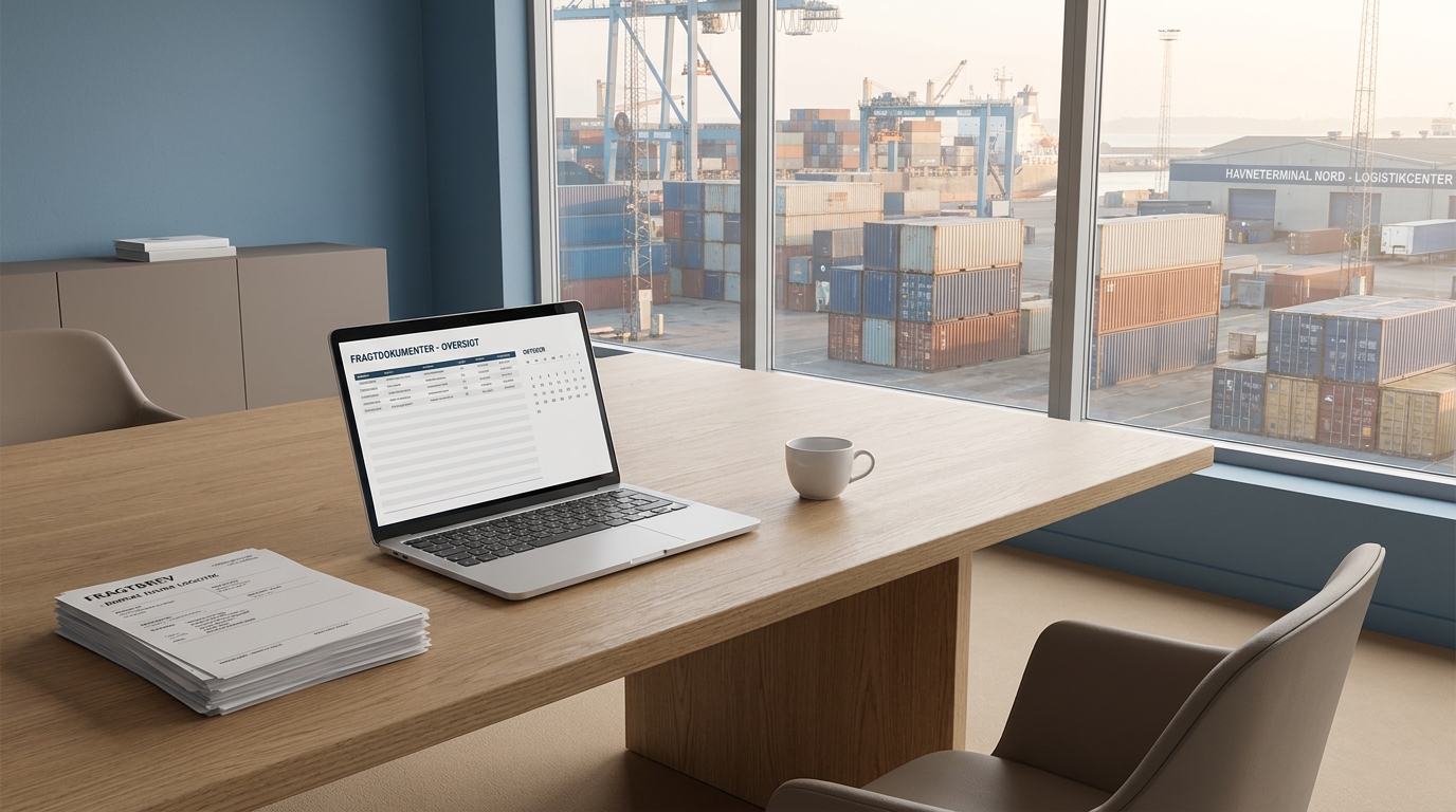 AI-rådgivning for speditører og logistikvirksomheder Roligt kontorbord med laptop og fragtpapirer, havneterminal med containere i baggrunden