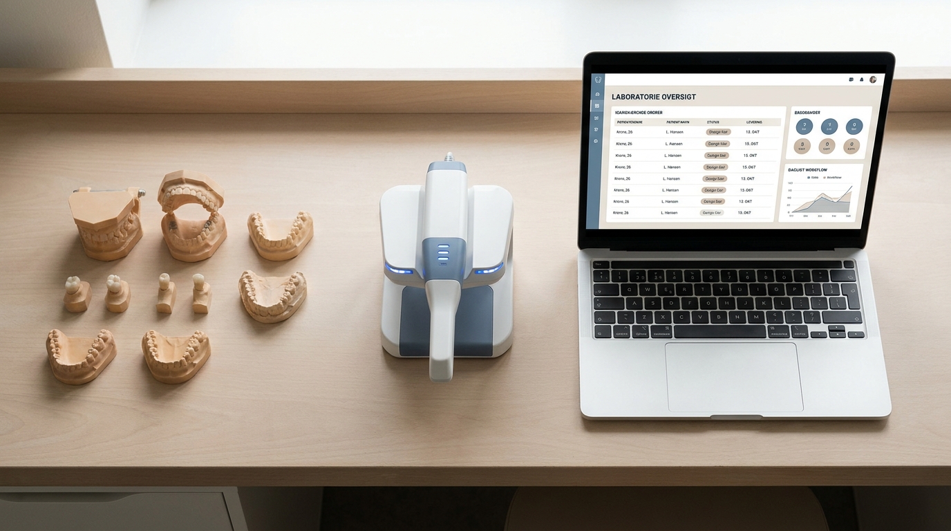 AI-rådgivning for tandteknikere og dentallaboratorier Dentallaboratorium med gipsmodeller, digital scanner og laptop på et lyst arbejdsbord