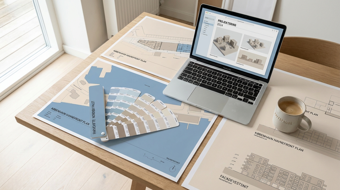 AI-rådgivning for tegnestuer og designvirksomheder Lyst tegnestue-skrivebord med arkitekttegninger, farvefan og laptop i nordisk stil