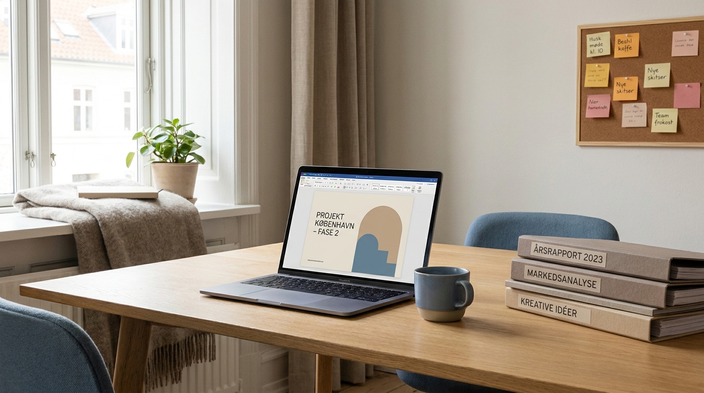 Lyst nordisk kontorbord med bærbar computer, kaffekop og projektmapper i blødt dagslys