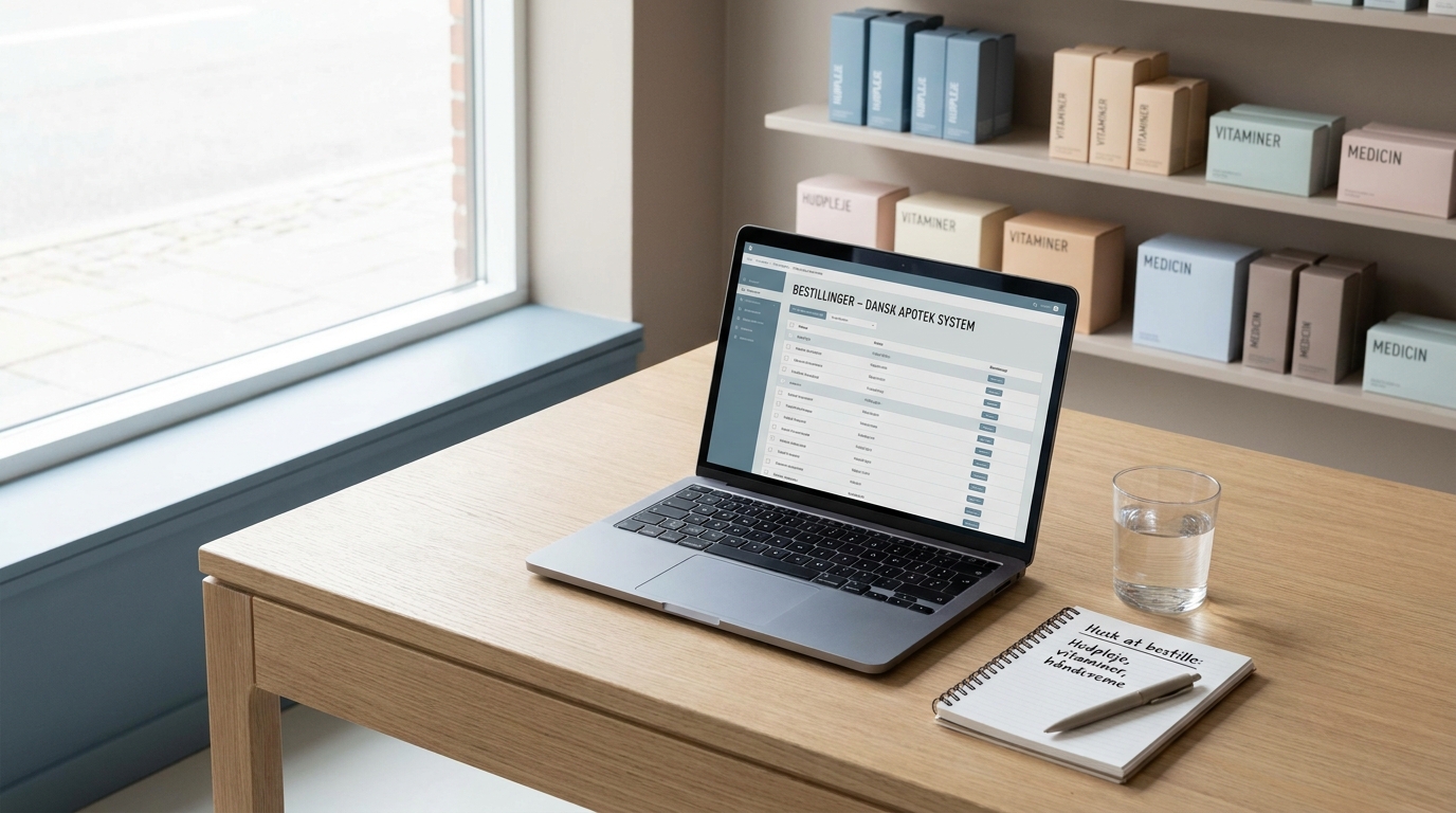 Lyst apoteksbord med bærbar computer og notesbog klar til AI workshop