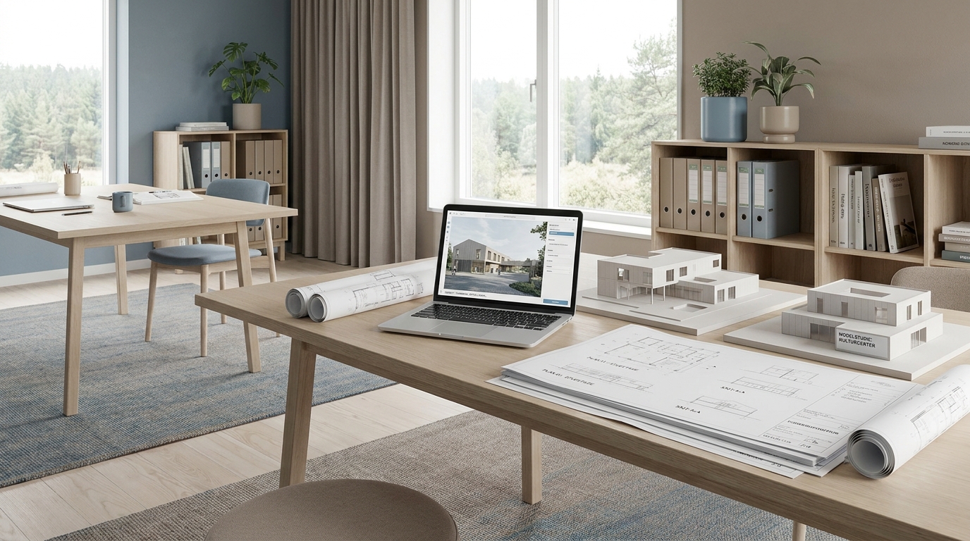 AI-workshop for Arkitekter Lyst arkitektkontor med bærbar computer, arkitektmodeller og tekniske tegninger på træbord