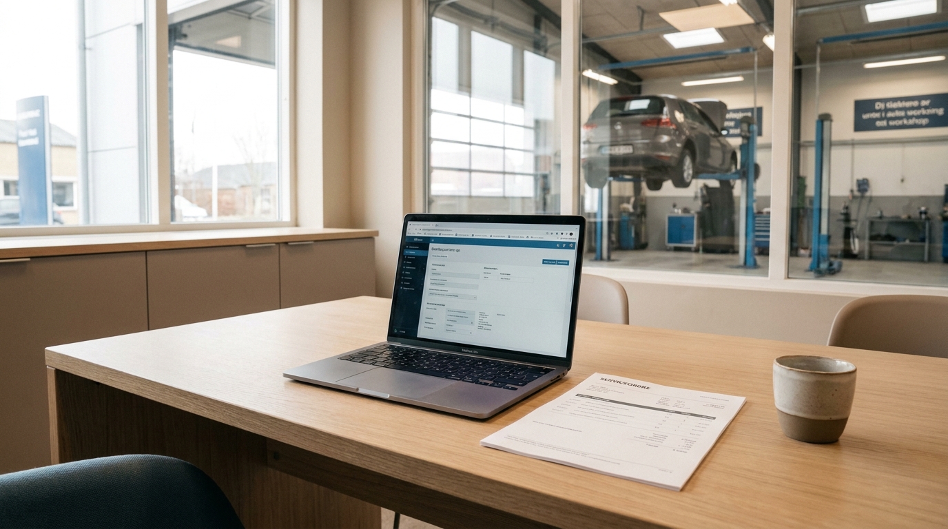 AI-workshop for autoværksteder og bilforhandlere Laptop på skrivebord i et lyst autoværkstedskontor med serviceordre og kaffekop