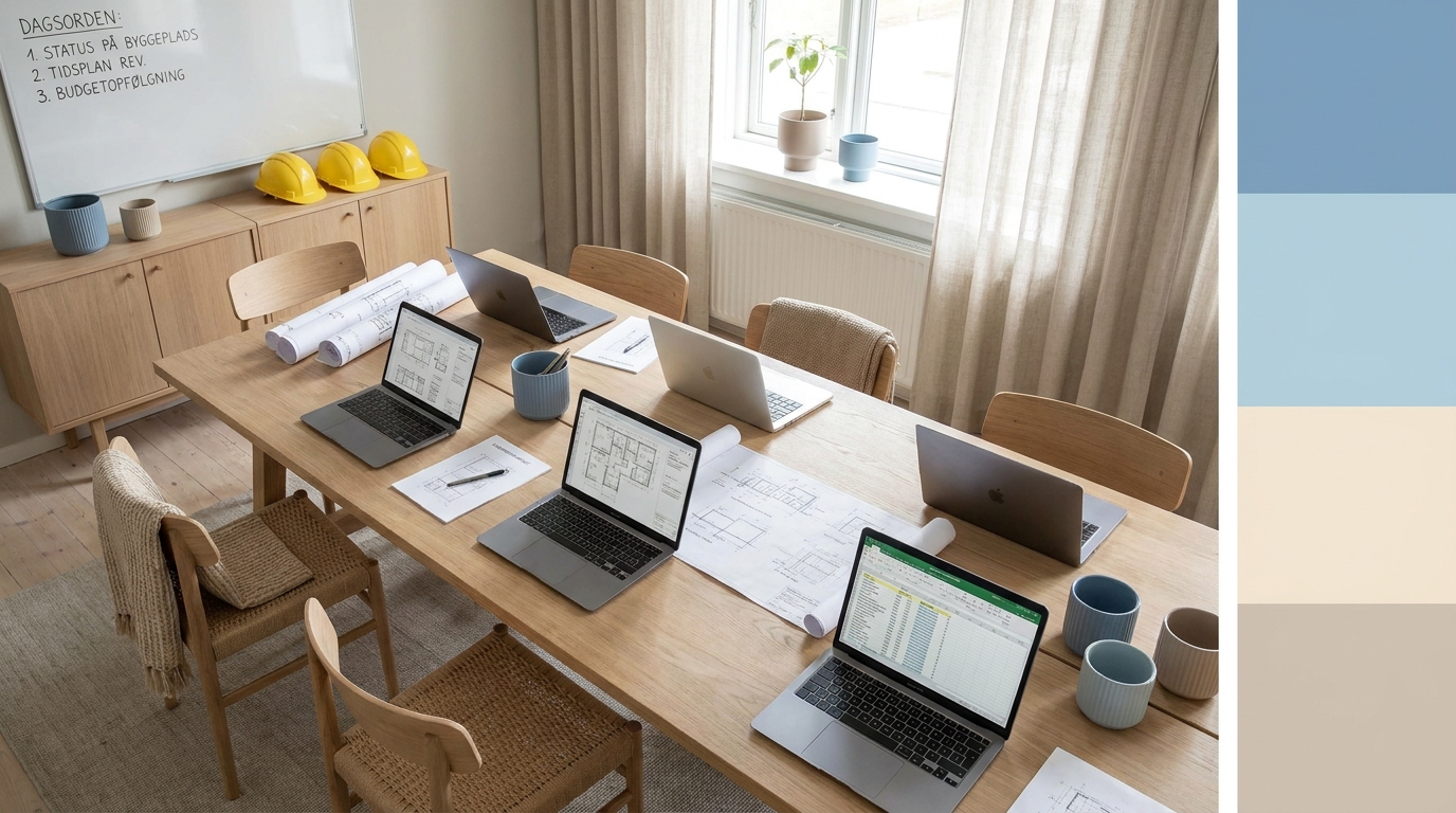 AI-workshop for byggevirksomheder Lyst mødelokale med bærbare computere og byggeprojekttegninger på bordet