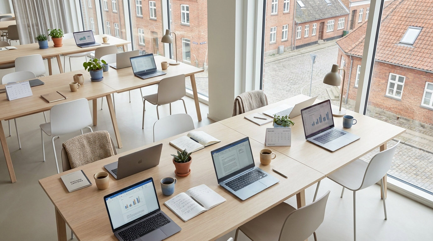 Lyst kontorlokale med åbne laptops og kaffekopper klar til AI workshop