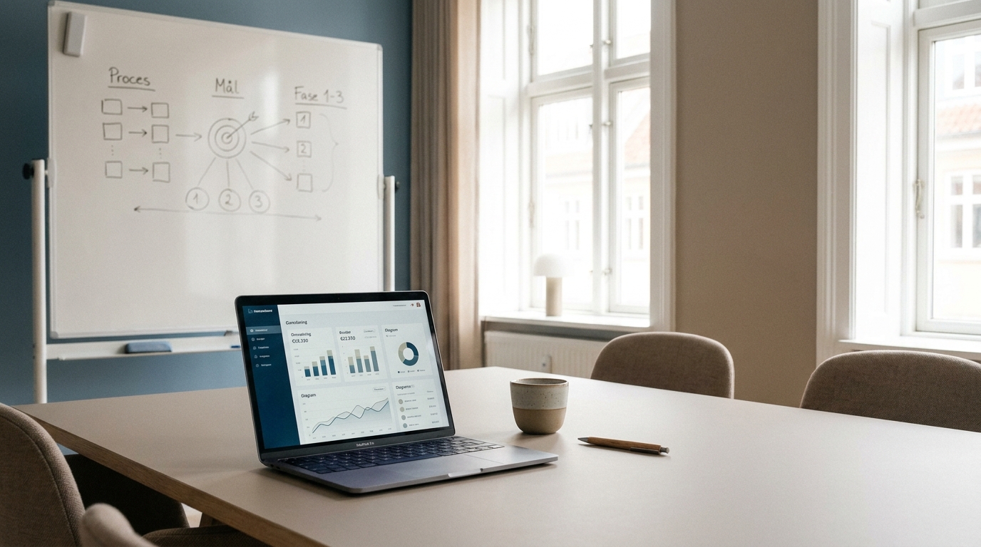 AI-workshop for energiselskaber Lyst mødelokale med bærbar computer og whiteboard klar til AI workshop