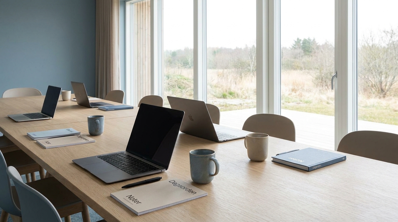 AI-workshop for forsikringsselskaber Lyst konferencelokale med åbne bærbare computere klar til AI workshop