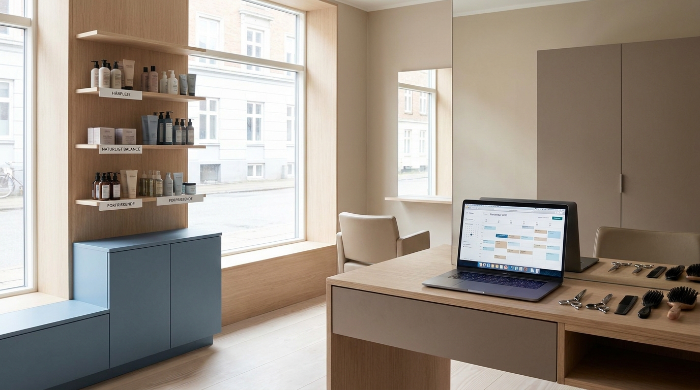 Lys nordisk frisørsalon med bærbar computer på arbejdsstationen mellem frisørværktøj