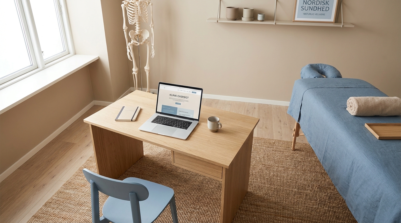 AI-workshop for fysioterapeuter Lyst klinikbord med bærbar computer ved siden af en behandlingsbriks i skandinavisk indretning