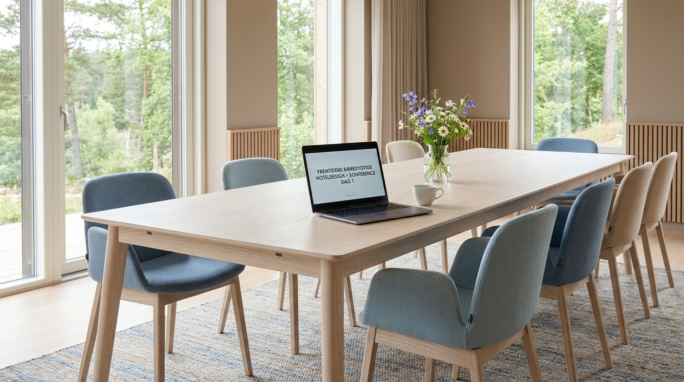 AI-workshop for hoteller og hospitality Lyst konferencelokale på et nordisk hotel med bærbar computer, kaffekop og dagslys fra store vinduer
