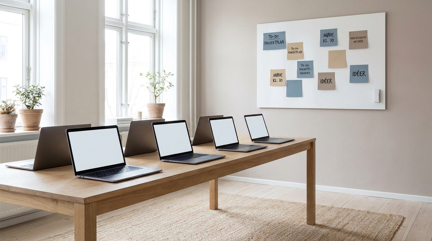 AI-workshop for HR-afdelinger Lyst kontorlokale med åbne bærbare computere klar til workshop