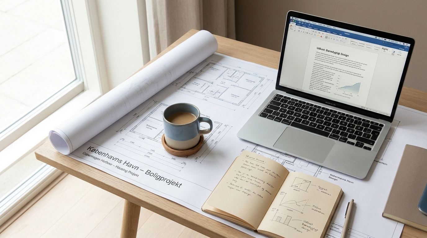 Ingeniørskrivebord med tekniske tegninger, laptop og kaffekopper i nordisk kontormiljø