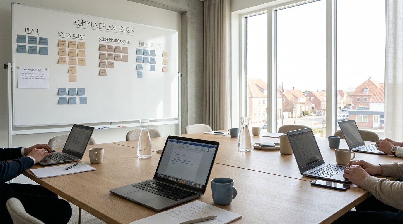Lyst mødelokale med bærbare computere og post-it notes klar til AI workshop i en kommune