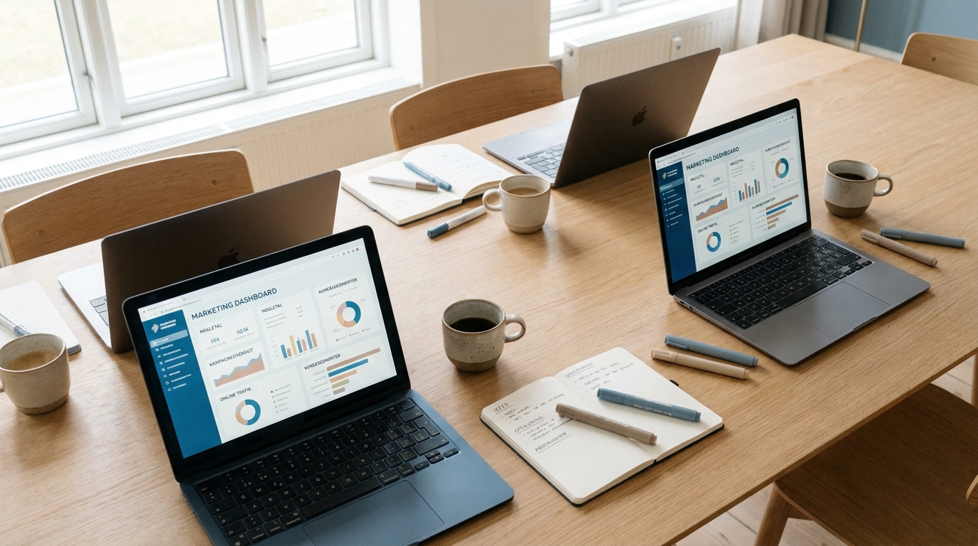 Mødebord med åbne laptops og kaffekopper klar til AI workshop for marketing