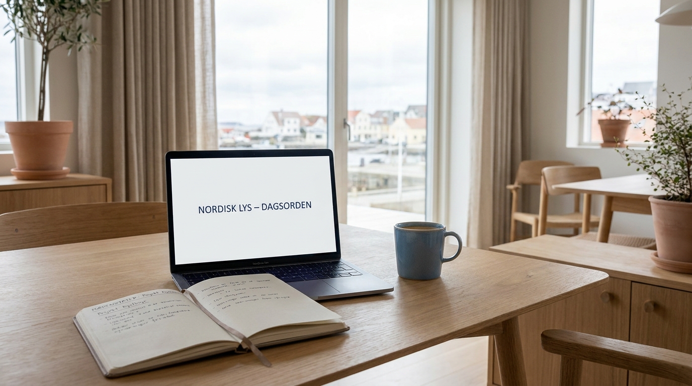 Lyst kontorlokale med bærbar computer, notesbog og en kop te på et træbord