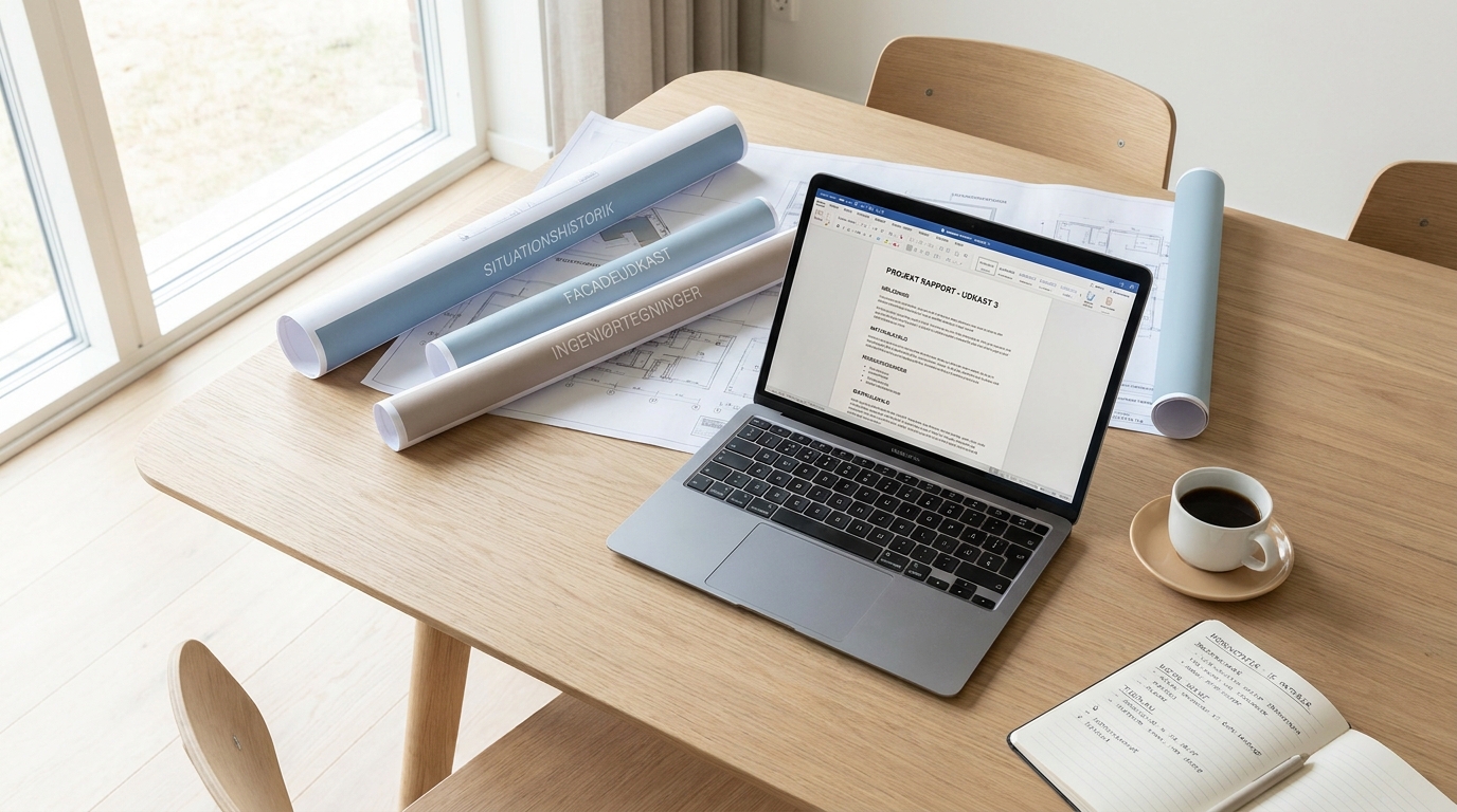 Lyst mødelokale med tekniske tegninger, laptop og notesbog på et rent skrivebord
