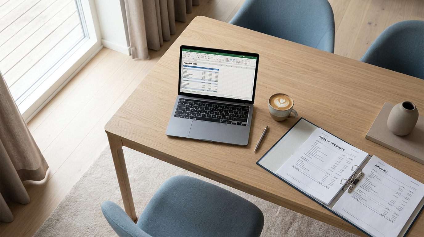 AI-workshop for regnskabs- og økonomiafdelinger Lyst kontorbord med bærbar computer, regnskabsudskrifter og en kop kaffe i dagslys