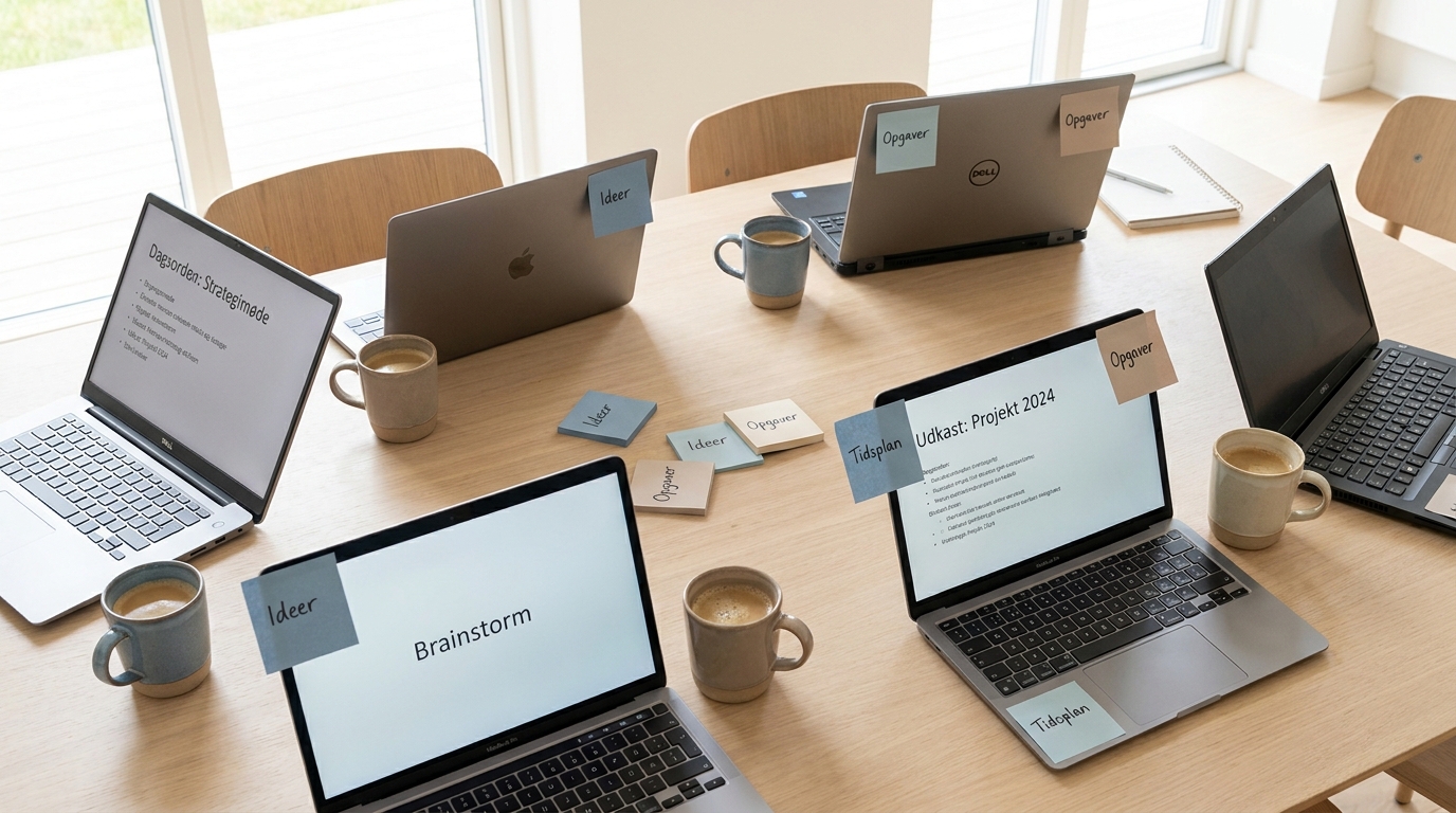 AI-workshop for reklame- og mediebureauer Lyst mødebord med laptops, post-its og kaffekopper set oppefra i nordisk kontormiljø