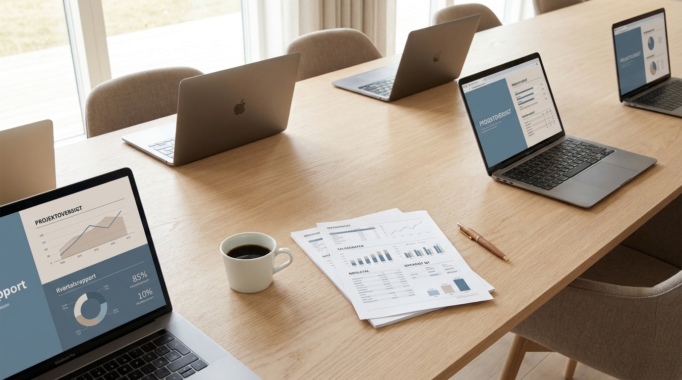 Lyst konferencebord med bærbare computere, kaffe og regnskabspapirer klar til AI workshop for revisorer