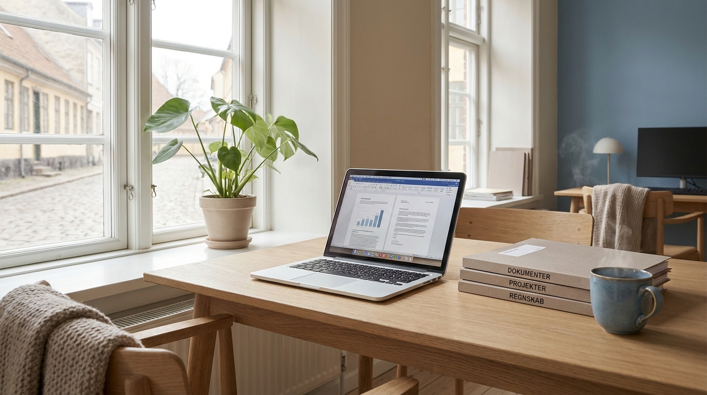 AI-workshop for socialrådgivere Lyst kontor med bærbar computer, sagsmapper og en kop kaffe i blødt dagslys