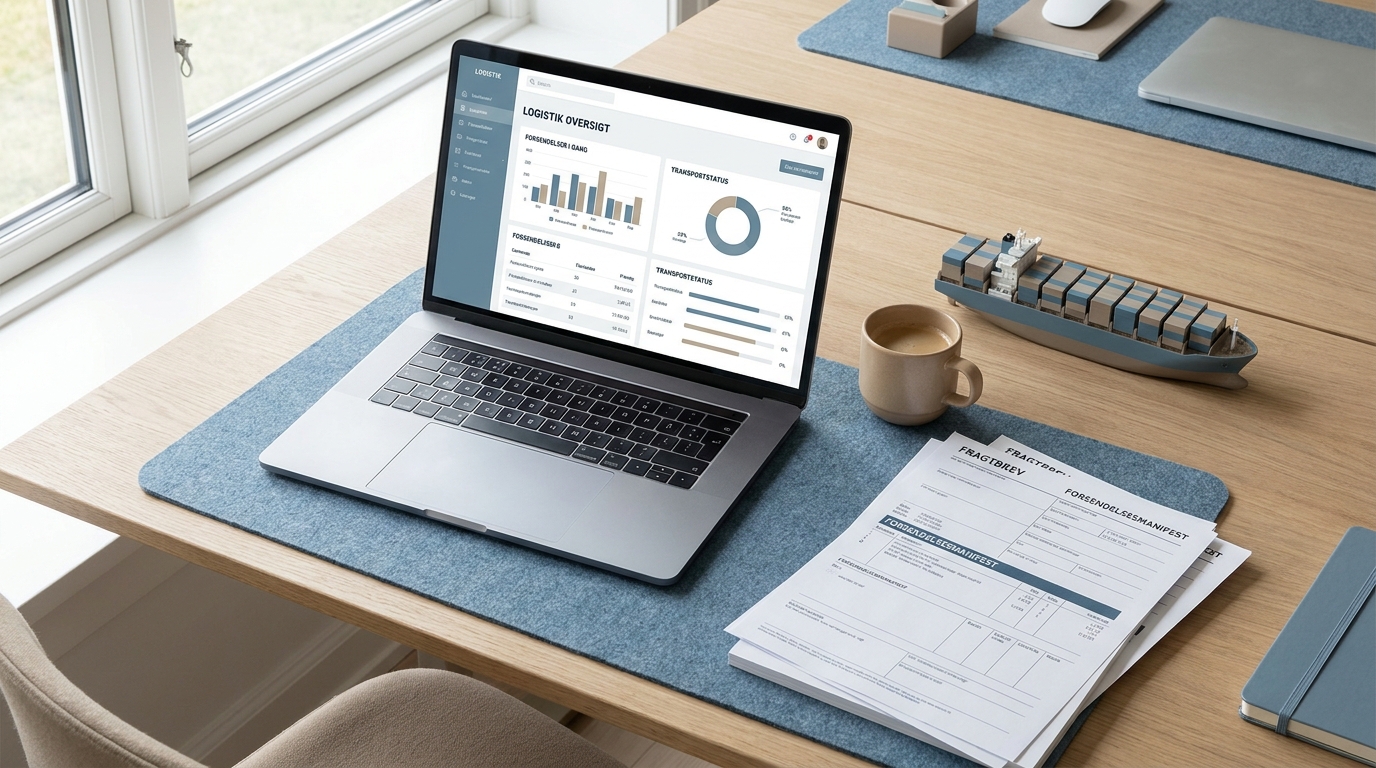AI-workshop for speditører og logistikvirksomheder Nordisk skrivebord med laptop, fragtdokumenter og en lille containerskibsmodel i blødt dagslys