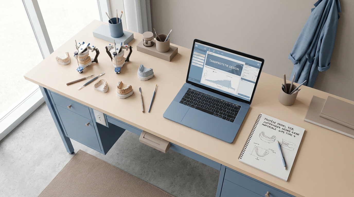 AI-workshop for tandteknikere og dentallaboratorier Dentallaboratorium med gipsmodeller, laptop og noter på et lyst arbejdsbord
