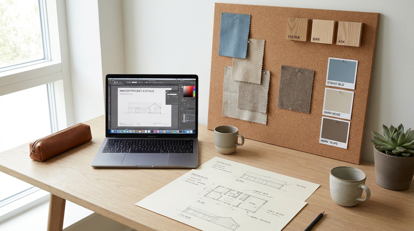 AI-workshop for tegnestuer og designvirksomheder Nordisk tegnestue-skrivebord med laptop, arkitektskitser og moodboard i dagslys