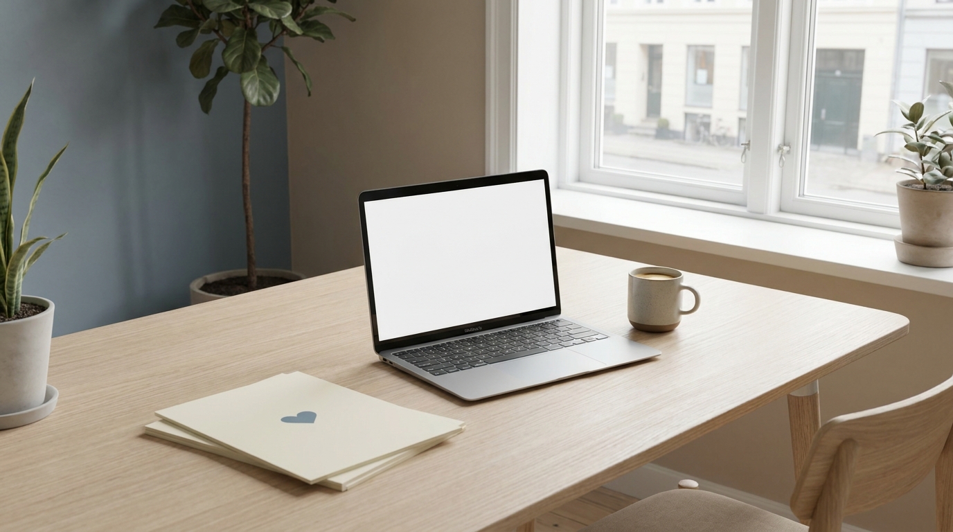 Lyst kontor med bærbar computer, kaffe og papirer med hjertelogo