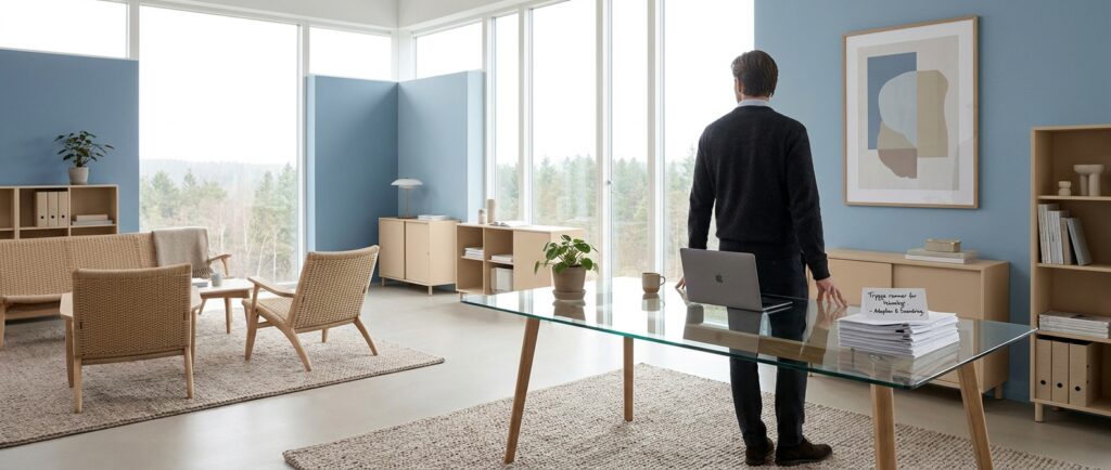 Trygt og overskueligt kontor, symboliserende ro med AI. Change management og AI: Sådan skaber du trygge rammer for ny teknologi.