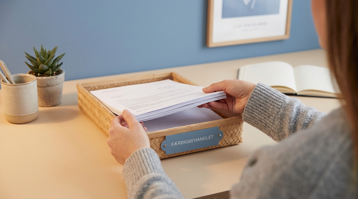 Change management og AI: Sådan skaber du trygge rammer for ny teknologi Rolige hænder sorterer dokumenter på et ryddeligt bord, symboliserende tryghed med AI. Change management og AI: Sådan skaber du trygge rammer for ny teknologi.