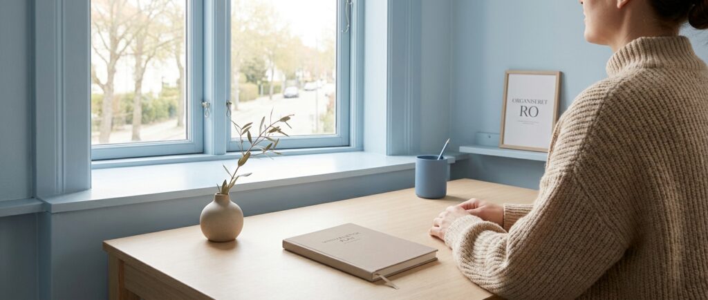 En person i et lyst, ryddeligt kontor. Viser mestring af effektive AI-prompts fra den ultimative begynderguide.