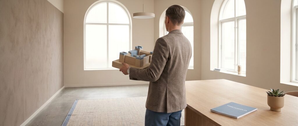 Få din egen djævelens advokat: Sådan bruger SMV'er AI til benhård idéudvikling En person holder en solid forretningsplan i et minimalistisk kontor, symboliserende benhård idéudvikling med AI for SMV'er.