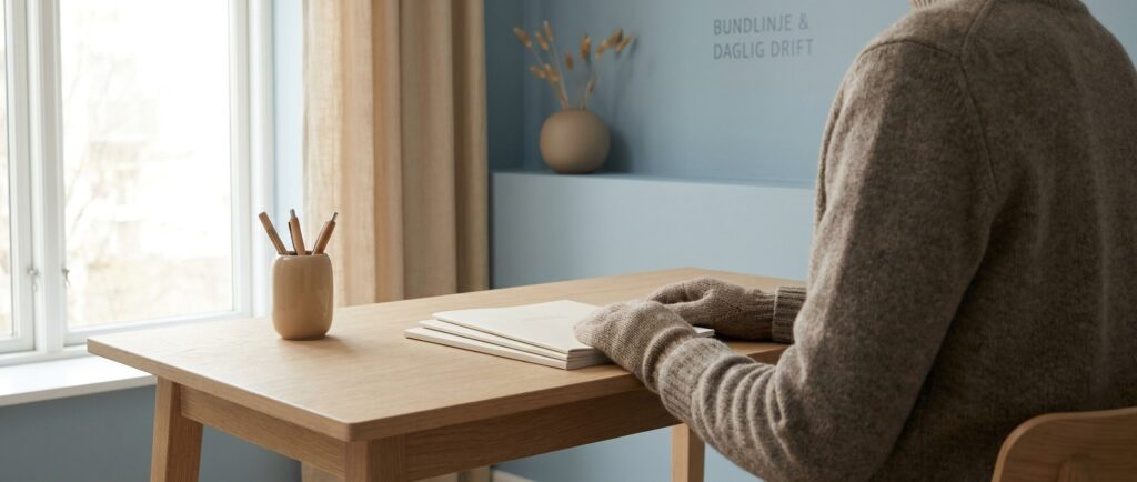 Et organiseret skrivebord med få dokumenter symboliserer succesfuld AI-implementering og effektiv daglig drift. Fra buzzwords til bundlinje.
