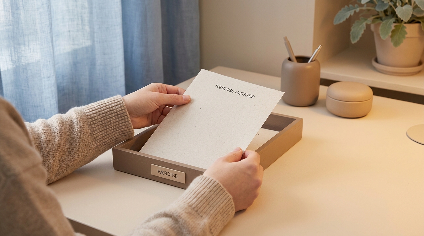 Hænder organiserer dokumenter, der viser strømlinede AI-workflows for referater, rapporter og kundehenvendelser i daglig drift.