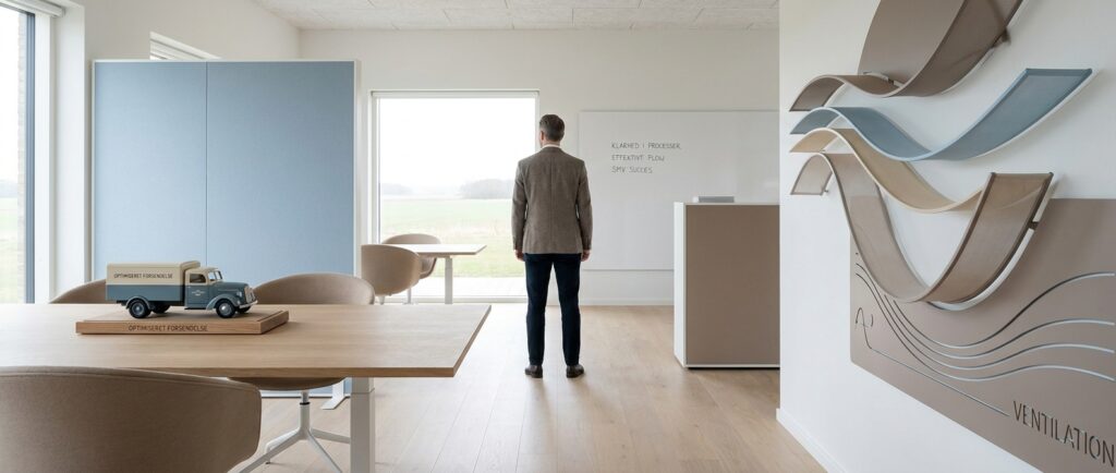Fra lastbiler til ventilation: 3 danske SMV'er der knækkede AI-koden En dansk professionel overser et roligt kontormiljø med model af lastbil og abstrakt ventilation, der viser hvordan SMV'er knækkede AI-koden.