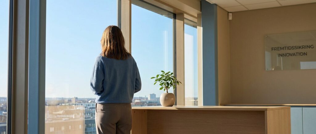En person ser ud mod en lys fremtid fra et organiseret kontor, der symboliserer fremtidssikring og strategisk AI-innovation.