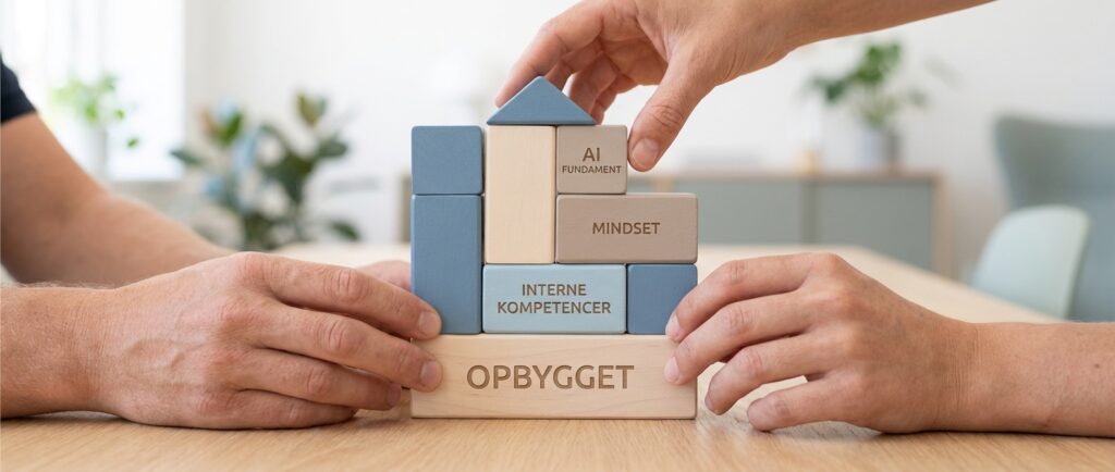 Hænder bygger et solidt fundament af interne AI-kompetencer for at opbygge et in-house AI mindset.
