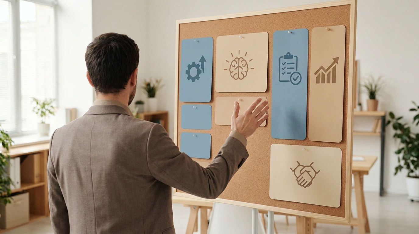 In-house AI Mindset: Sådan Opbygger du Interne AI-Kompetencer En medarbejder organiserer overskueligt opgaver, der viser træning i interne AI-kompetencer i hverdagen.