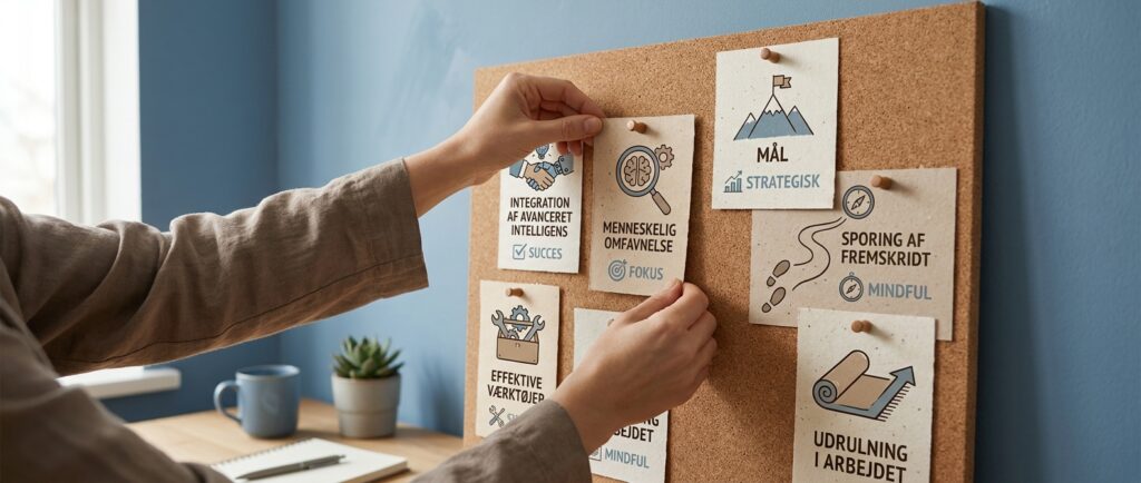 Hænder organiserer fysiske kort på et minimalistisk korkboard, der sporer AI-adoption og viser succesfuld måling af fremskridt.