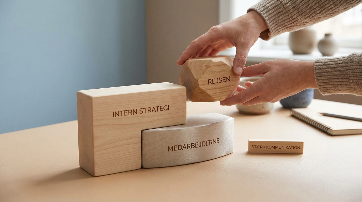 Hænder bygger en klar struktur med træklodser for en intern kommunikationsstrategi for AI, der får medarbejderne med på rejsen.