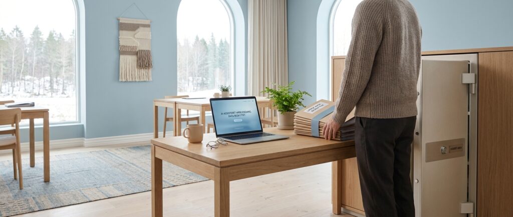 En person organiserer trygt fysiske filer i et roligt kontor, symboliserende skudsikker datasikkerhed i Claude Cowork.