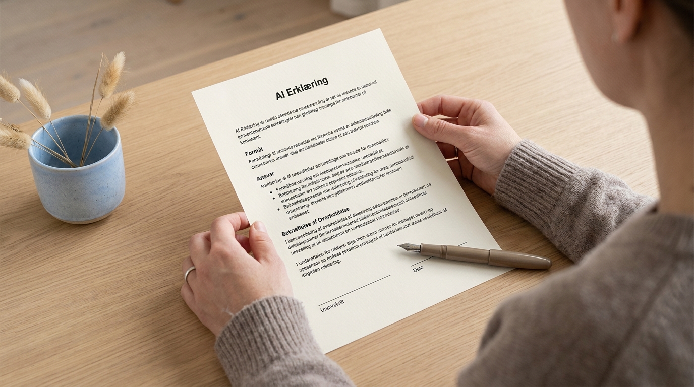 Person gennemgår en samlet ai deklaration, klar til godkendelse i organisationen.