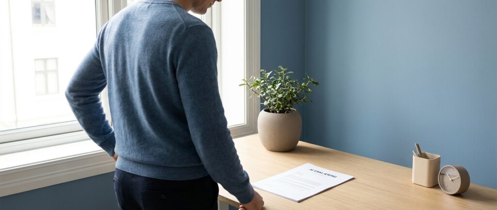 AI-erklæring til hjemmesiden: sådan fortæller I kunder og borgere, hvordan I bruger AI (skabelon) Person med ro i sindet foran en overskuelig ai erklæring til hjemmesiden.