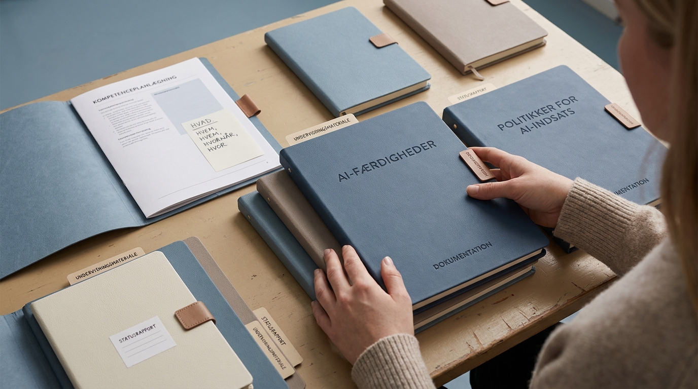Hænder organiserer fysiske dokumenter, symboliserer dokumentation af ai literacy og AI-færdigheder.