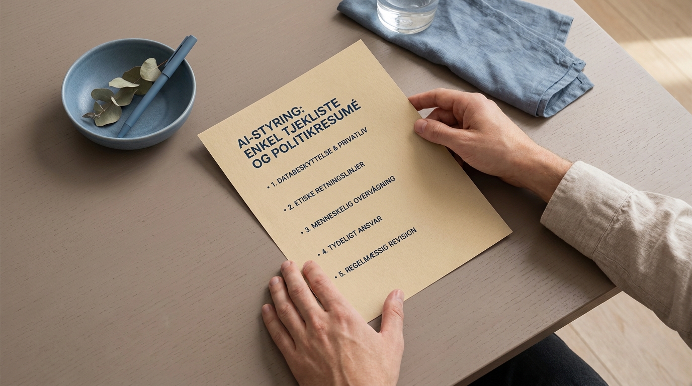 Hænder placerer en enkelt, overskuelig side med en minimumsmodel for AI governance.