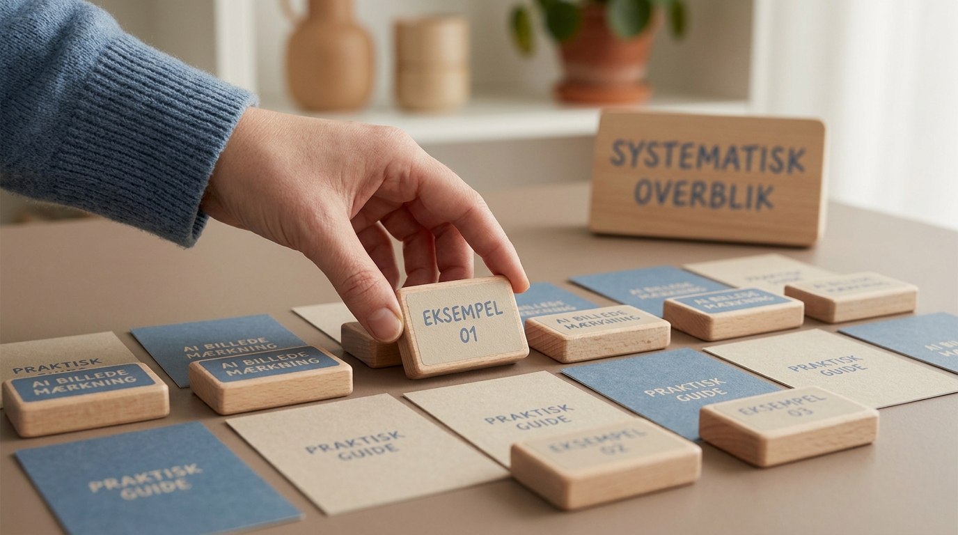 Hvornår er et billede AI-genereret nok til at skulle mærkes? Gråzonerne, gennemgået Hånd sorterer fysiske kort, der illustrerer konkrete eksempler for ai billeder mærkning. Systematisk vejledning.