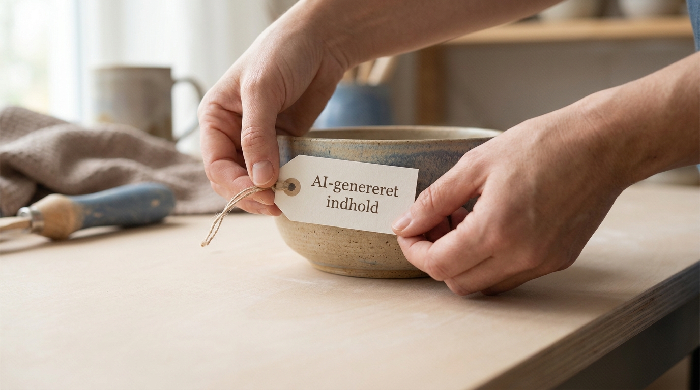 Hænder placerer omhyggeligt en lille, elegant etiket på et objekt, der viser synlig ai mærkning af indhold.