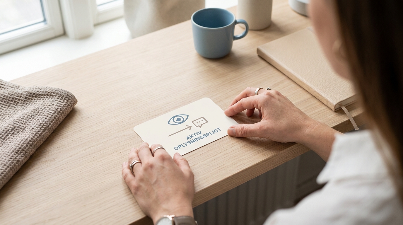 Oplysningspligt når AI møder borgeren: chatbot, kundeservice og artikel 50 i praksis En hånd placerer et tydeligt kort, der symboliserer klar kommunikation af chatbot oplysningspligt til borgeren.