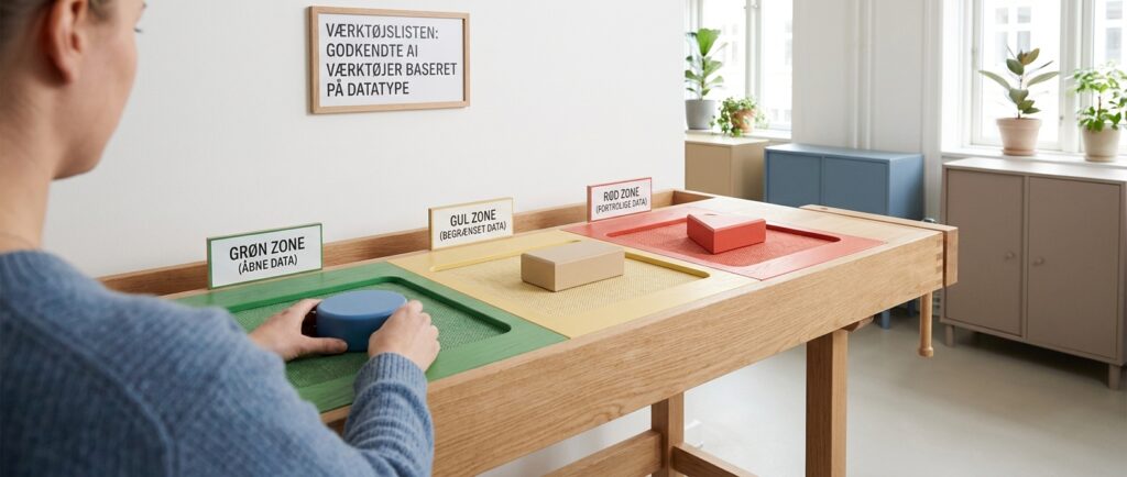 Værktøjslisten i jeres AI-politik: grøn, gul og rød med grænsen ved datatypen Trygge medarbejdere sorterer data til godkendte AI værktøjer liste via grøn, gul, rød politik.